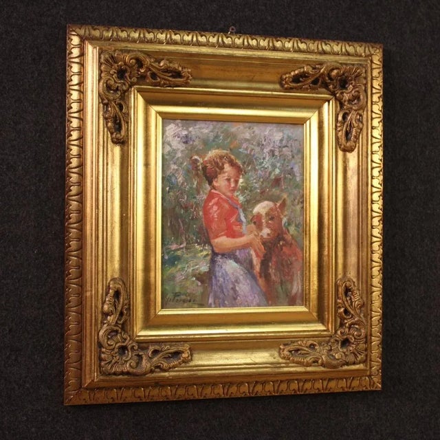 Italian Artist, Girl with a Calf, Mid-20th Century, Oil on Board For Sale - Image 11 of 13