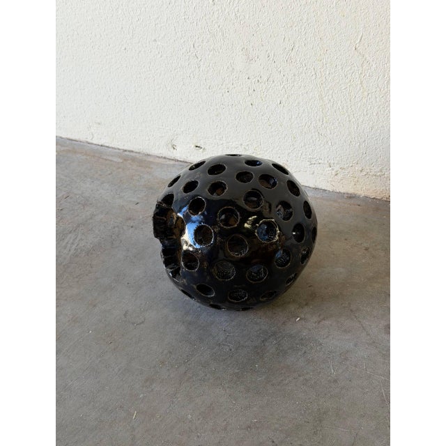 Ceramic Vintage Danish Brutalist Ceramic Candle Holder – Black Pierced Sphere For Sale - Image 7 of 9