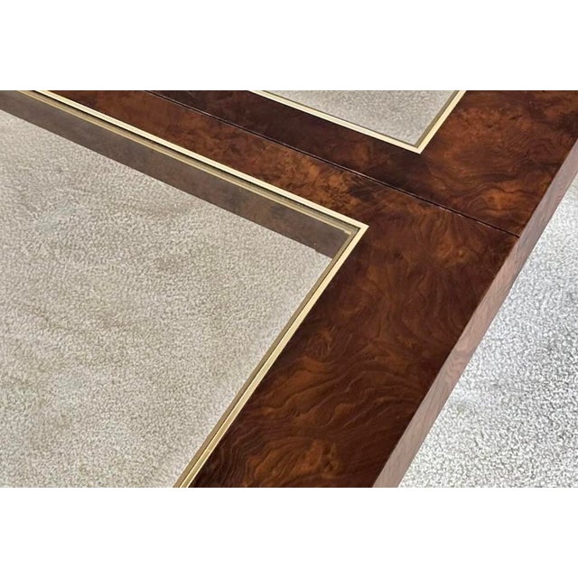 C.1970's Post Modern, Century Furniture -Burl Wood & Brass With Beveled Glass Top Inserts Dining Table For Sale - Image 12 of 16