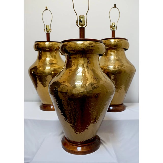 Brass Mid 20th Century Hammered Brass Extra Large Arts and Crafts Style Lamps With Mahogany Base and Top - Set of 3 For Sale - Image 8 of 8
