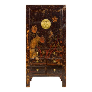 Qing Dynasty Hand-Painted Cabinet with Floral Décor, Doors and Drawers For Sale