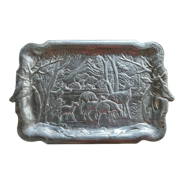 Vintage Cast Aluminum Stag Woodland Serving Tray For Sale