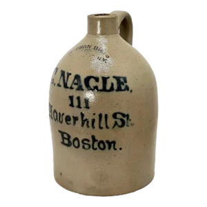 Antique Blue "Script" Boston Decorated Stoneware 1 Gallon Spirits Jug by Maker Ottman Bros. New York