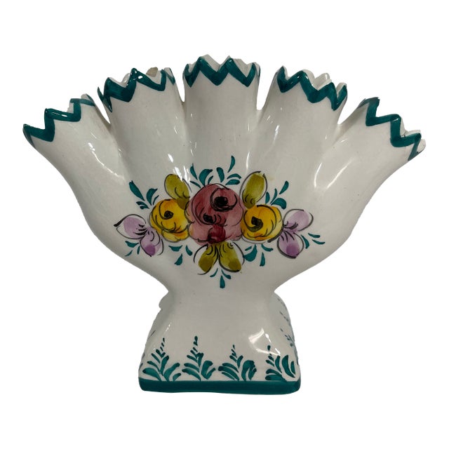 Mid 20th Century Portuguese Petite Majolica Five Finger Tulip Vase Tulipiere For Sale