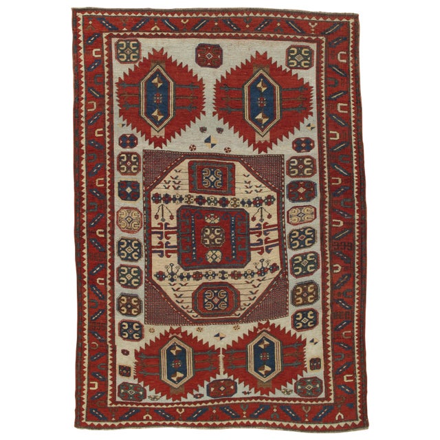 Antique Karachov Kazak Carpet, Handmade Wool, Pale Blue, Rust, Ivory, Geometric For Sale - Image 9 of 18