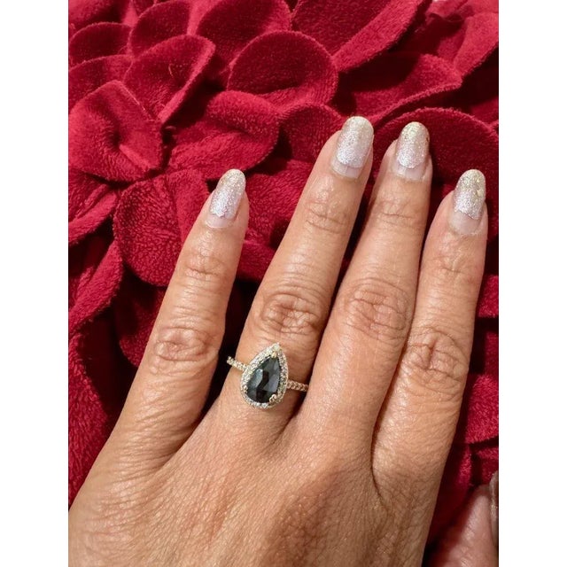 2.06 Carat Pear Cut Halo Black Diamond Yellow Gold Engagement Ring, Size 7 For Sale In Los Angeles - Image 6 of 6