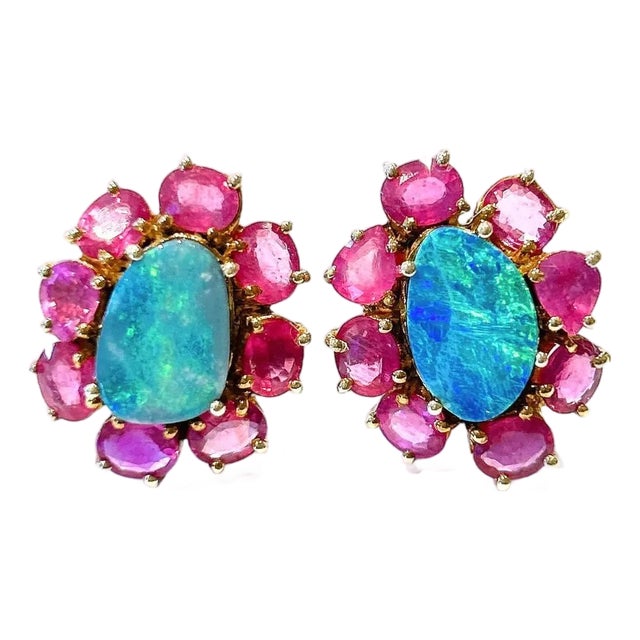 Bochic “Capri” Vintage Opal & Multi Ruby Earrings Set In 18K Gold & Silver For Sale