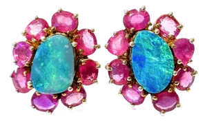 Bochic “Capri” Vintage Opal & Multi Ruby Earrings Set In 18K Gold & Silver