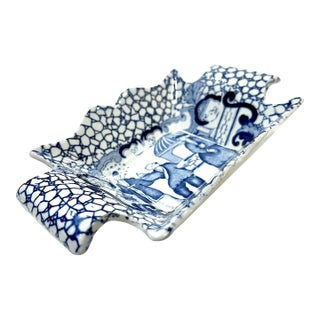 Rare 1920's Blue & White Adams Chinese Bird With People Scalloped Pickle Dish For Sale
