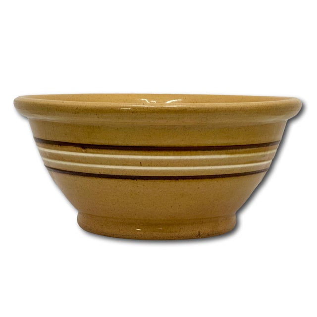 Nice Antique Thick & Heavy 9.25 Inch Brown & White Banded Yellow Ware Kitchen Batter Mixing Bowl Late 1800s For Sale - Image 12 of 14