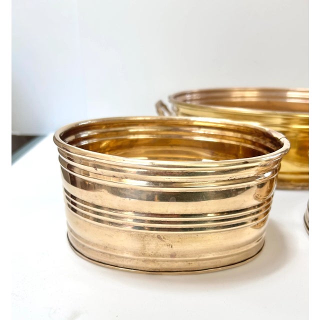 Vintage Brass Cachepot Planters Set of 3 Oval Tiered Brass Planters For Sale In Louisville - Image 6 of 10