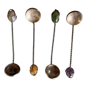 Vintage Brazil Coin Silver Wire Demitasse Spoons With Stone Finials/Handles - Set of 4