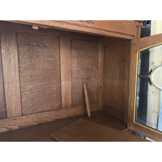 1920 Early American Buffet Cabinet Cupboard Mid-Centry Oak Glass Doors. Latched Drawers & Original Key. For Sale In Monterey, CA - Image 6 of 12