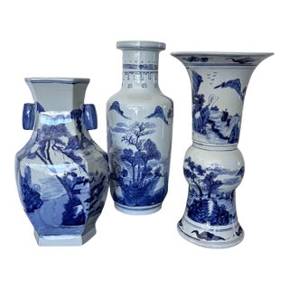 Vintage Chinese Blue & White Porcelain Landscape Vases - Trio Set For Sale