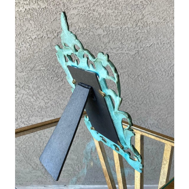 Circa 1980 Baroque-Inspired Verdigris & Gilt Acanthus Leaf Cast Iron Easel Back Picture Frame For Sale - Image 4 of 12