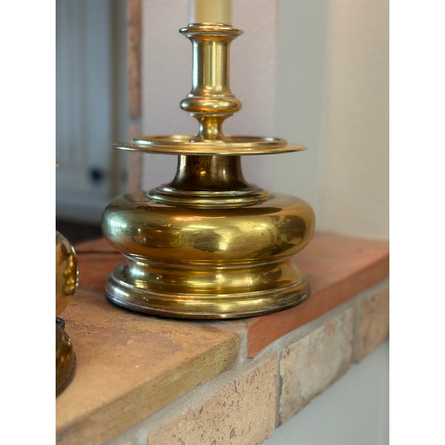 1980s Chapman Tall Buffet Cast Brass Table Lamps With Original Black Shades - a Pair For Sale In Seattle - Image 6 of 17