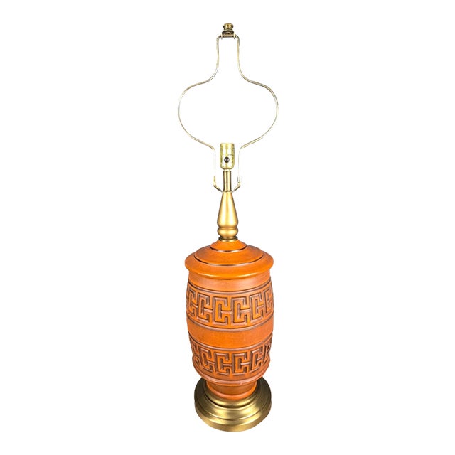 1960s Large Orange Dimensional Ceramic & Brass Mid Century Table Lamp For Sale