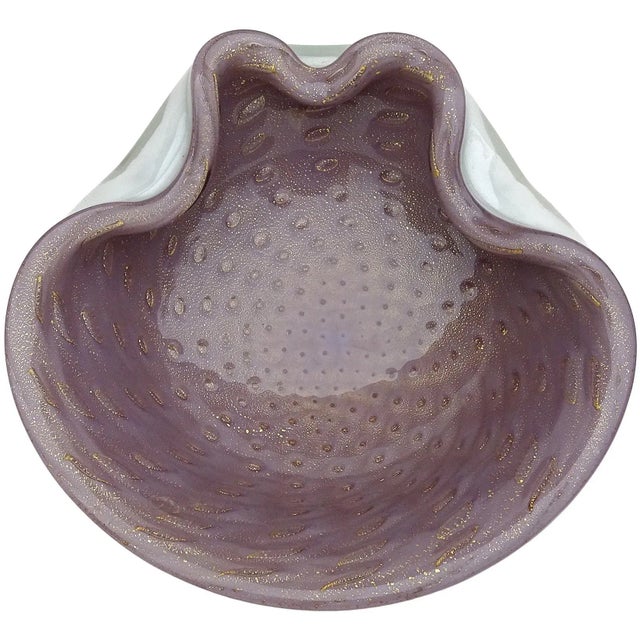 Vintage Barbini Murano White Over Purple Gold Flecks Italian Art Glass Bubbles Bowl Ashtray For Sale In Orlando - Image 6 of 6