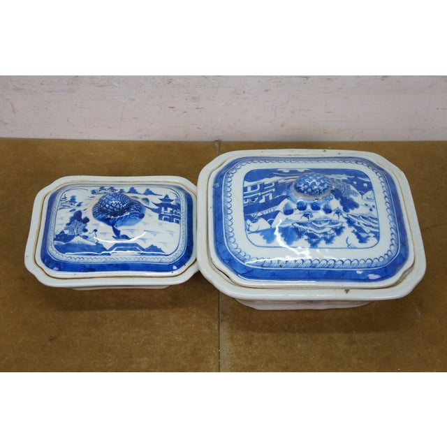 Antique Chinese Export Canton Blue White Serving Platter & Vegetable Tureens For Sale - Image 16 of 18