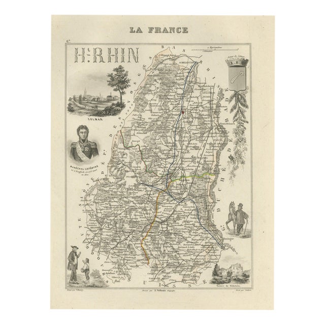 Antique Map of the Haut-Rhin with Colmar and Marshal Lefebvre, 1860 For Sale