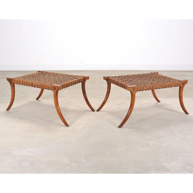 Mid 20th Century Pair of Robsjohn-Gibbings Style Walnut Klismos Rope Benches For Sale - Image 5 of 18