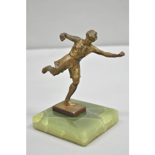 Early 20th Century Antique Art Deco Small 6" Bronze Onyx Base Soccer Futbol Player Sculpture Figure For Sale - Image 11 of 11