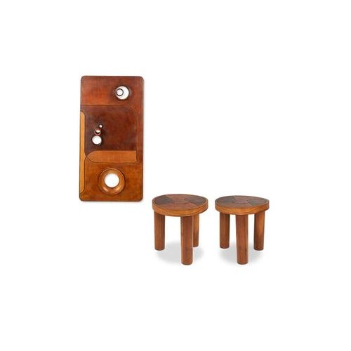 Stools and Wall Lamp in Cherrywood and Leather, 1970s, Set of 3 For Sale - Image 18 of 18