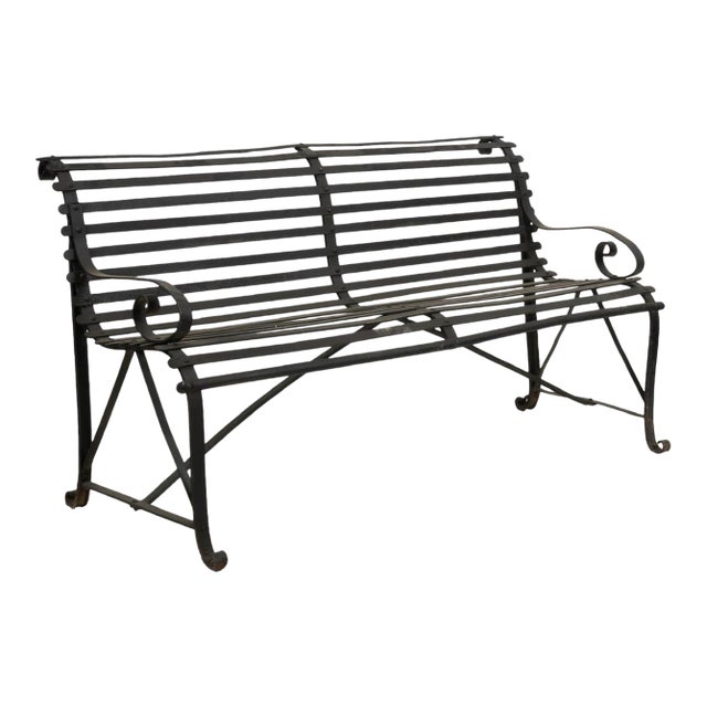 Early 20th Century Black Wrought Iron Garden Bench, Industrial Style For Sale