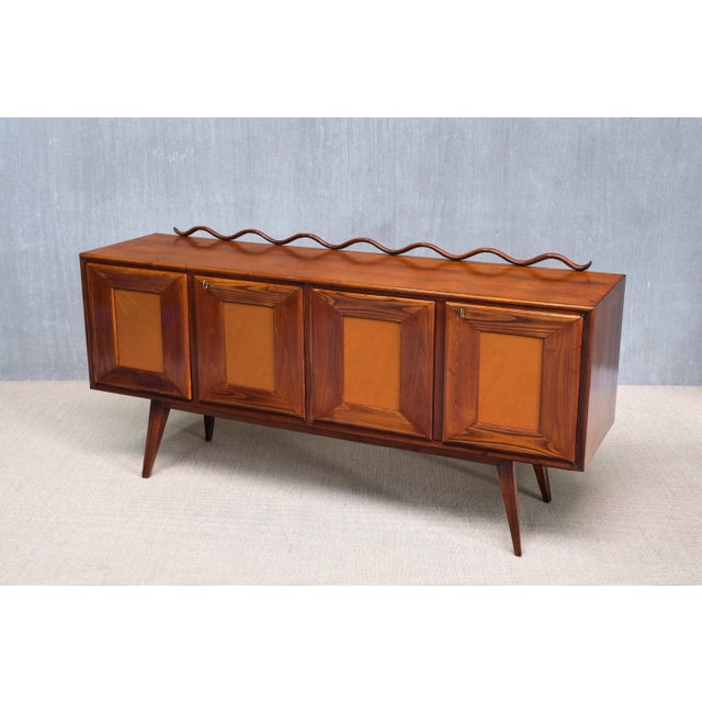 Mid-Century Modern Italian Modern Walnut and Leather Sideboard with Undulating Cornice, 1950s For Sale - Image 3 of 16