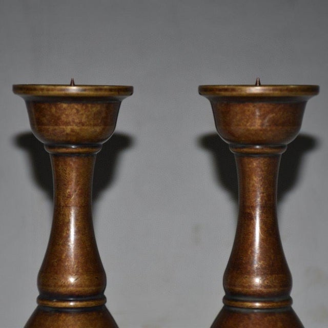 Pair of Vintage Chinese Solid Copper "Bulbous" Candlesticks With Lotus Bases - 879g For Sale - Image 4 of 9