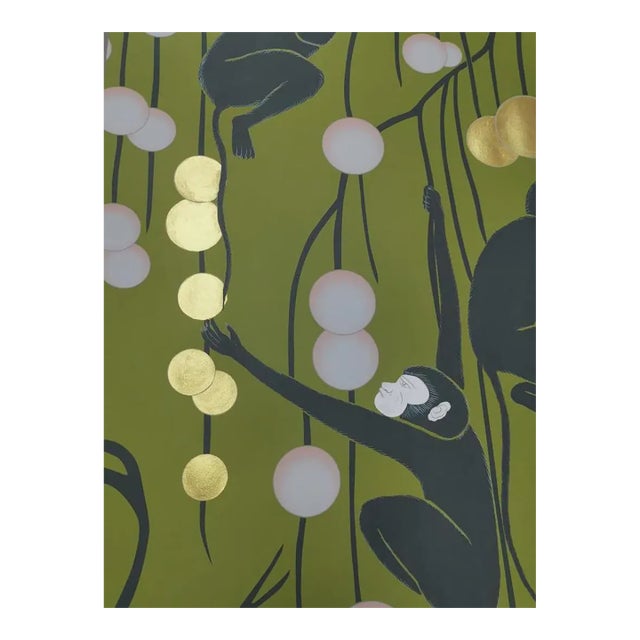 Chinoiserie Monkey Wallpaper Panel, Hand-Gilded Wall Art For Sale