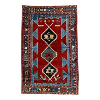 Antique Kazak Rug – Bold Red, Turquoise & Tribal Geometric Design 5x8 For Sale