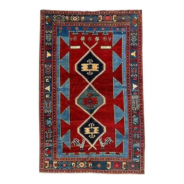 Antique Kazak Rug – Bold Red, Turquoise & Tribal Geometric Design 5x8 For Sale