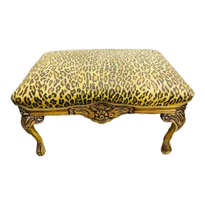19th Century French Carved Wood Ottoman With New Cheetah-Leopard Print