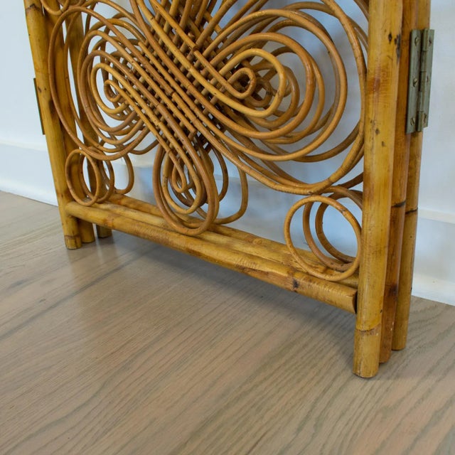Wood French Three-Panel Bamboo Wicker Rattan Folding Screen Room Divider, 1960s For Sale - Image 7 of 12