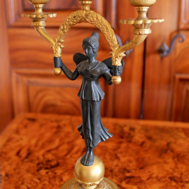 Gold Pair of Continental Classical Gilt and Black Figural Three Light Candelabra For Sale - Image 8 of 14