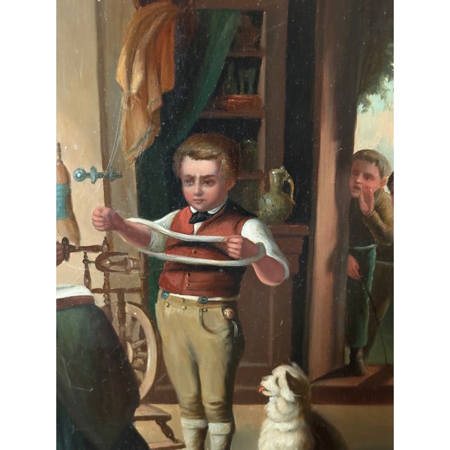 Textile Framed Oil on Board "Grandmother Teaching Grandson How to Knit", Mid-20th Century For Sale - Image 7 of 7