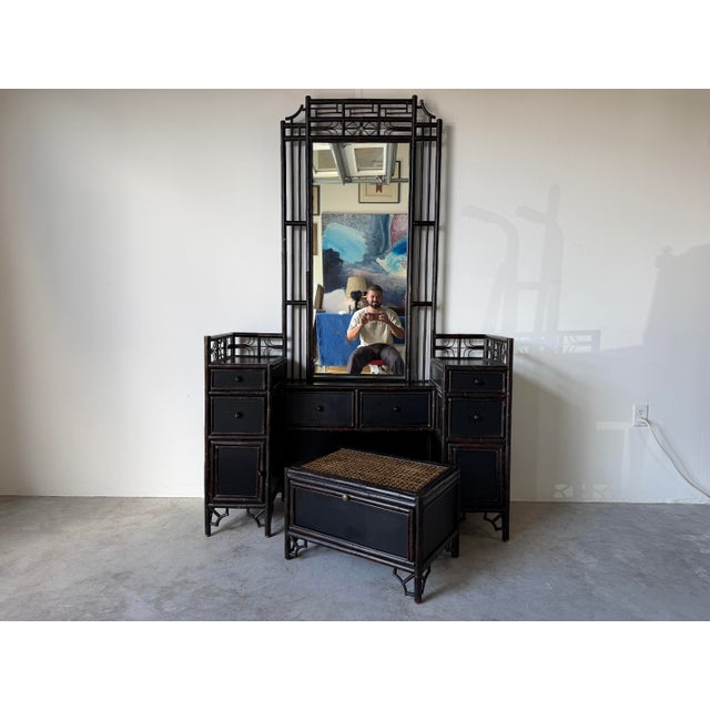 Wood Vintage Chinoiserie Black Lacquered Bamboo Vanity Dressing Table With Mirror, Side Cabinets & Wicker Bench For Sale - Image 7 of 17