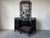 Wood Vintage Chinoiserie Black Lacquered Bamboo Vanity Dressing Table With Mirror, Side Cabinets & Wicker Bench For Sale - Image 7 of 17