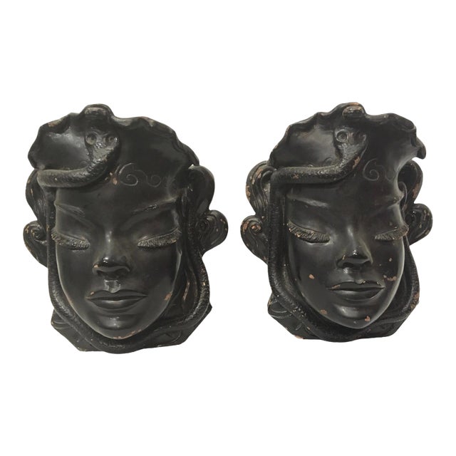 Antique 1920s Art Deco Egyptian Revival Black Clay Wall Hangings - a Pair Mask Wall Pockets For Sale