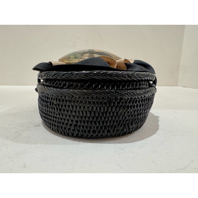 American Equestrian Horse Ribbonwork Round Covered Box Black Woven Keepsake For Sale - Image 3 of 7