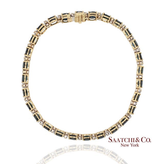 Early 21st Century 18k 750 Yellow Gold Natural Diamond and Blue Sapphire Tennis Bracelet For Sale - Image 5 of 13