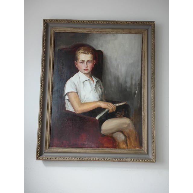 Early 19th Century Realism Seated Boy Portrait Oil Painting by Margot Clark (Signed "Vargoss") – 34" X 41 For Sale - Image 14 of 15