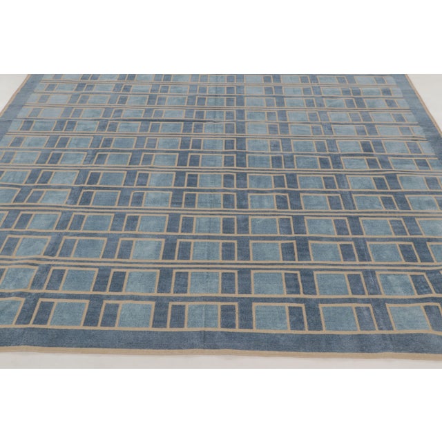 Late 20th Century Contemporary Geometric Cotton Dhurrie Rug in Blue & Gold by Rug & Kilim, India For Sale - Image 5 of 10