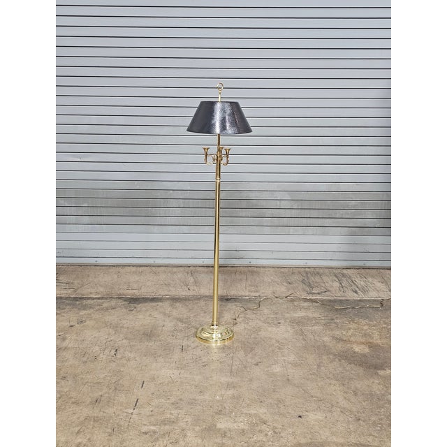 French Late 20th Century 3 French Horns Bouillotte Brass Floor Lamp W Black Shade For Sale - Image 3 of 7