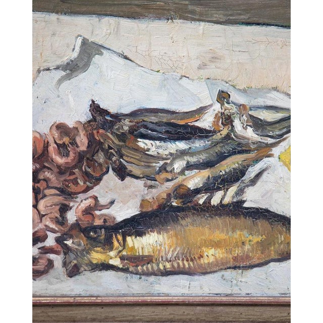 Émile Lecomte, Still Life with Fish, Shrimp & Lemon, 1935, Oil Painting on Canvas, Framed For Sale - Image 7 of 13