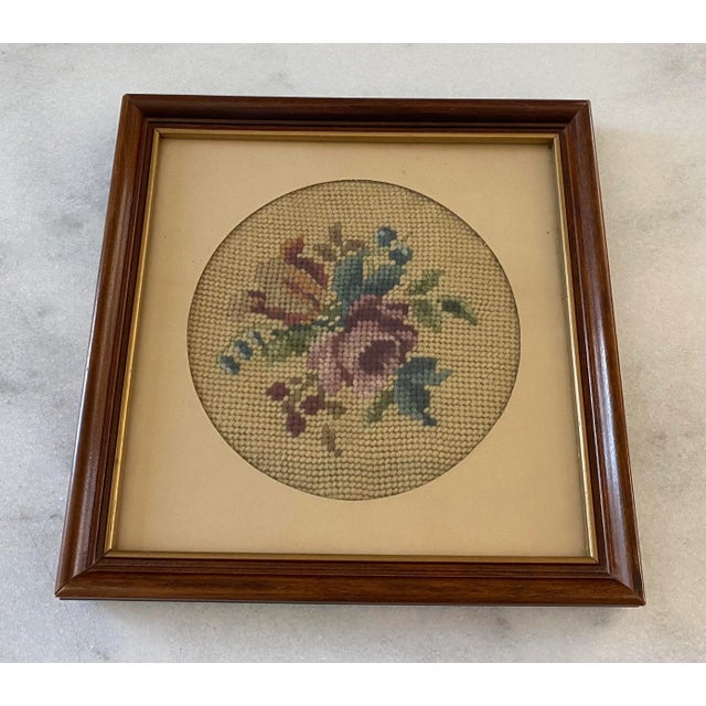 Pair of Vintage Framed Floral Needlepoints For Sale - Image 4 of 8