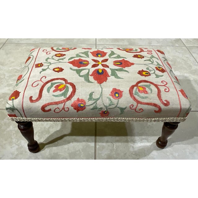 Antique Suzani Embroidered Footstool – Silk Hand-Stitched Needlepoint For Sale - Image 10 of 14