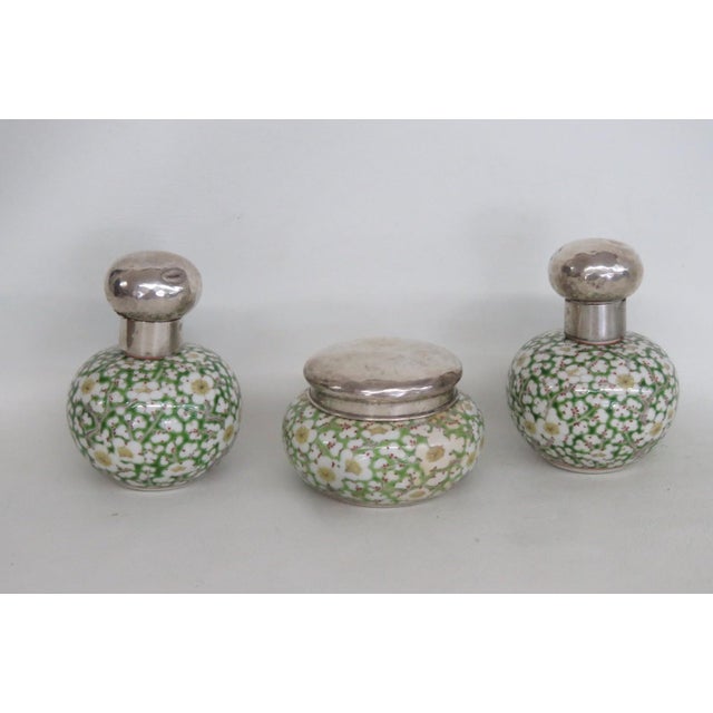 Asian Cloisonne Enamel Sterling Lidded 3pc Vanity Set Empty Perfume Bottles Jar 5113b For Sale - Image 3 of 18