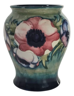 Mid-Century William Moorcroft Anemone Vase – 6.75” Hand-Painted Green Baluster